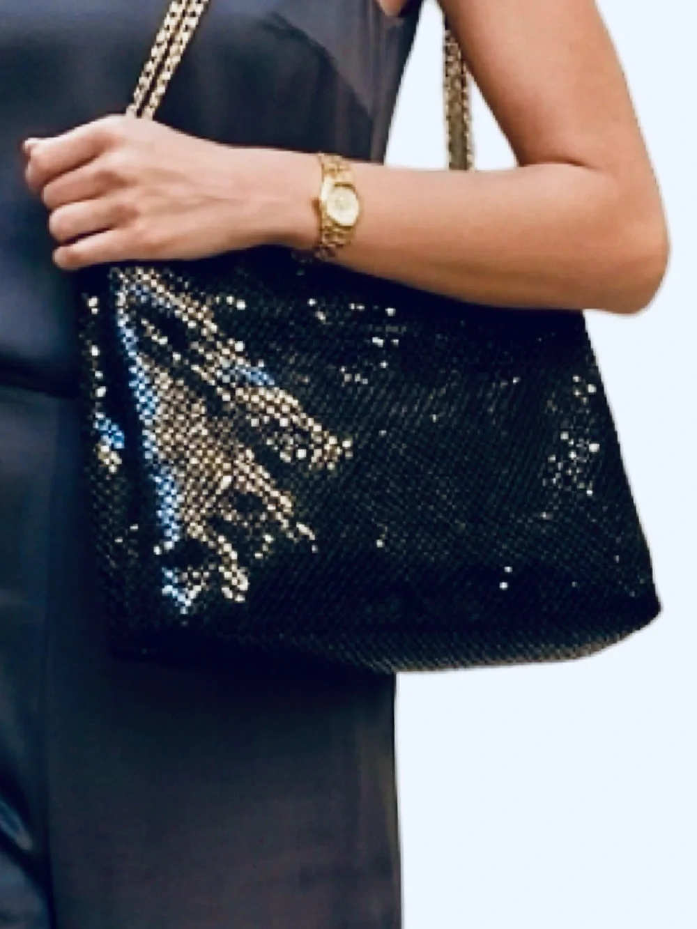 Vintage Black Metal Mesh Convertible Handbag Clutch Gold Chain